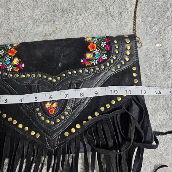 Earthbound Trading Fringe Crossbody Bag Black Leather Embroidered Flower Studded - Picture 10 of 11